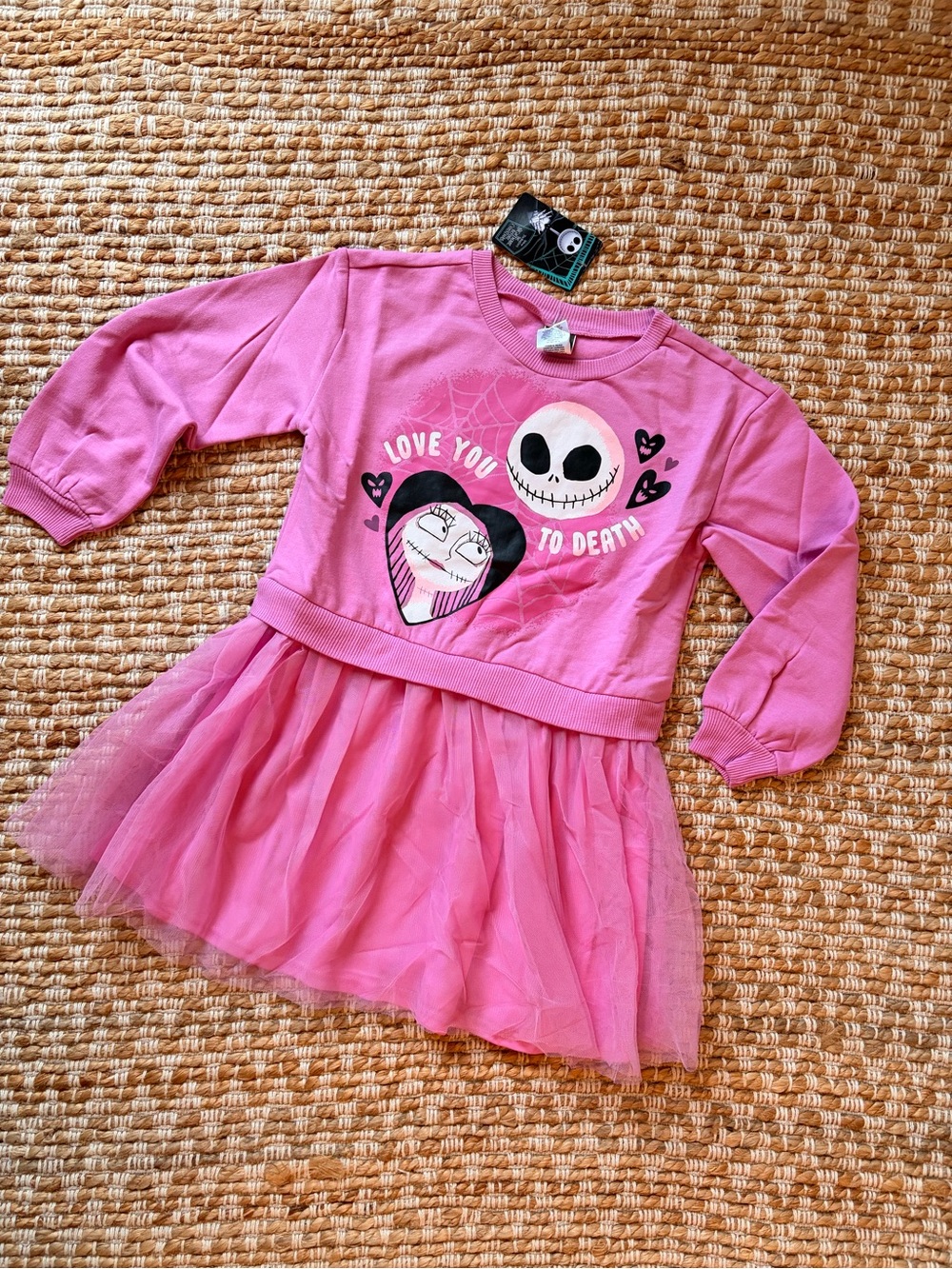 Girls Pink "Love You To Death" Tulle Sweatshirt Dress. Disney Nightmare Before